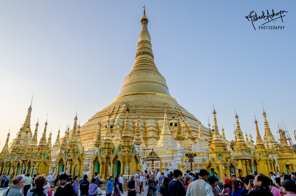 The Shwedagon Pagoda, gently bathed by twilight