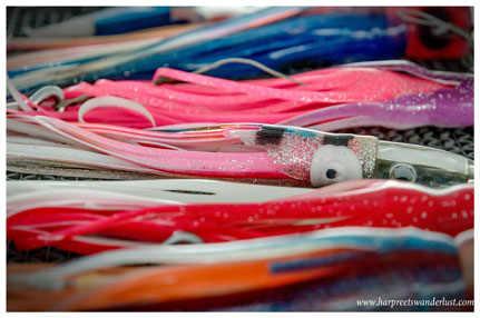 Brightly coloured fish hooks