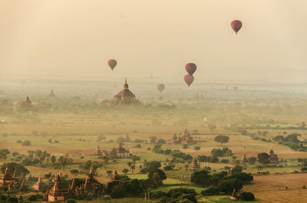 Soaring over the spires of temples in Bagan
