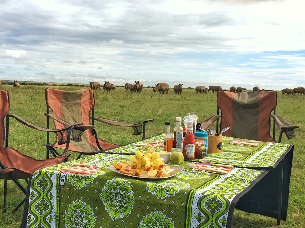 Yes, those are rhino in the background! Bush Breakfast!