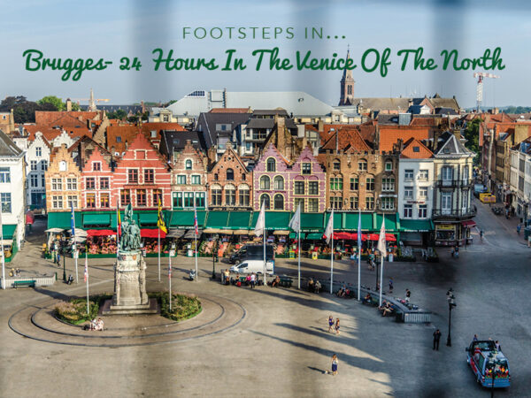 Houses and fountain in Brugges Belgium